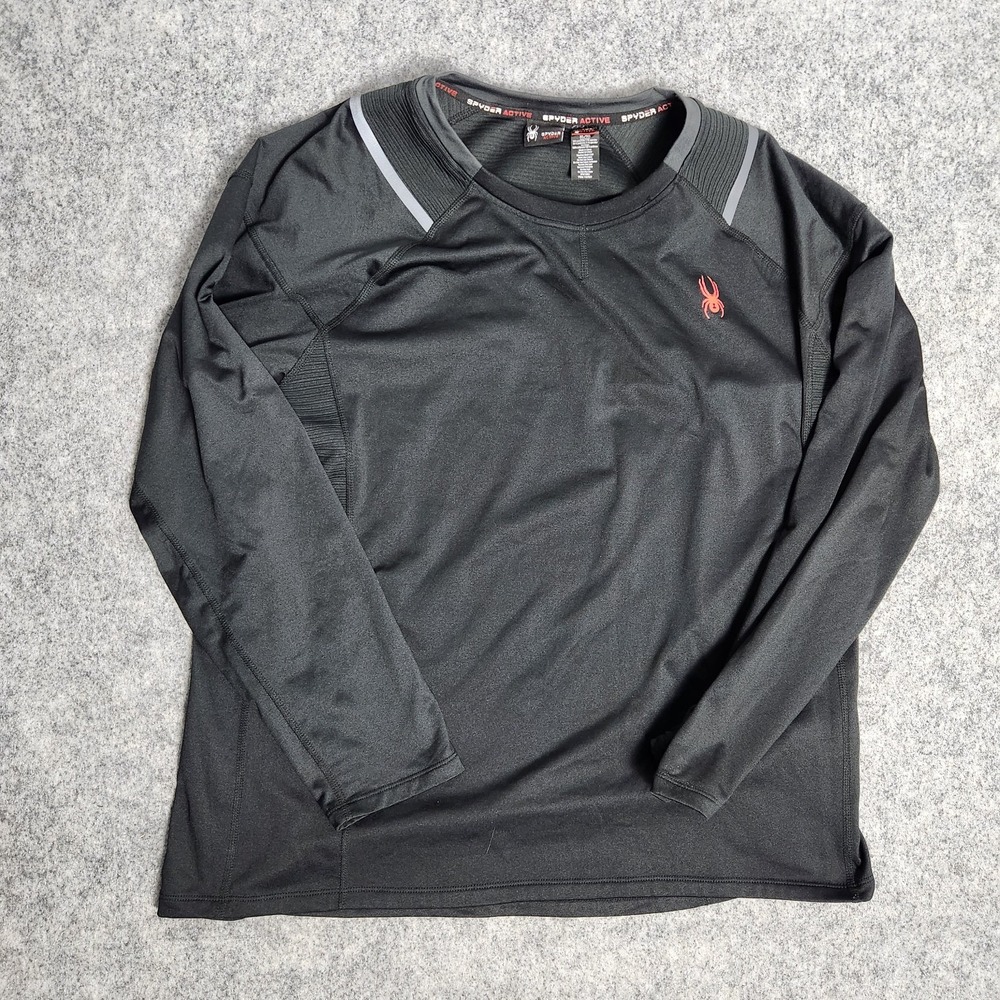 Spyder Baselayer Shirt Men XL Midweight Black Gray Long Sleeve Brushed Crewneck